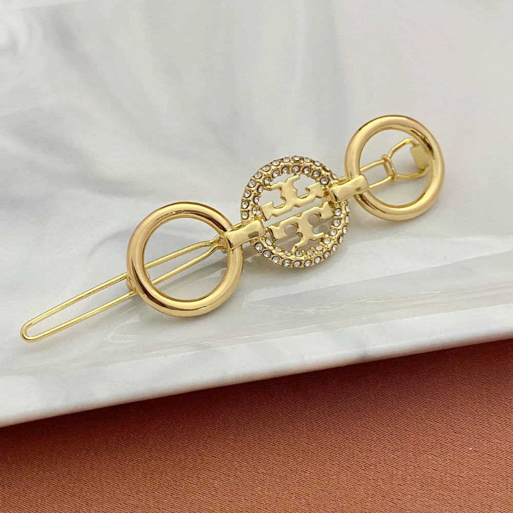 Tory Burch Rhinestone Hollow Letter Geometric Round Metal Hair Clip